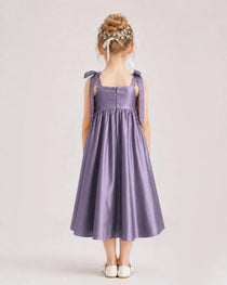 Wisteria Flower Girl Dress Satin Midi Spaghetti Strap Gown Back View
