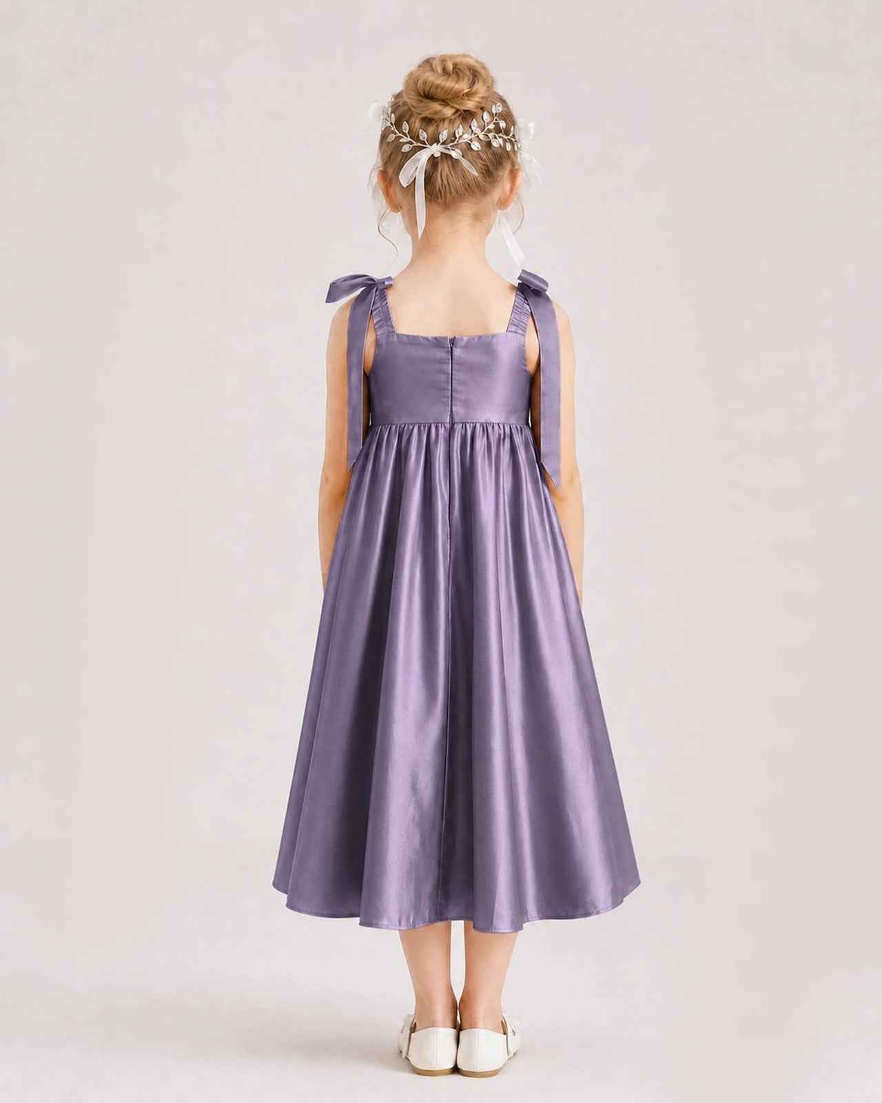 Wisteria Flower Girl Dress Satin Midi Spaghetti Strap Gown Back View