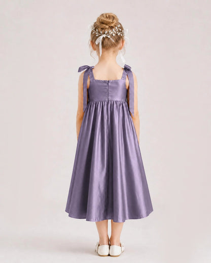 Wisteria Flower Girl Dress Satin Midi Spaghetti Strap Gown Back View