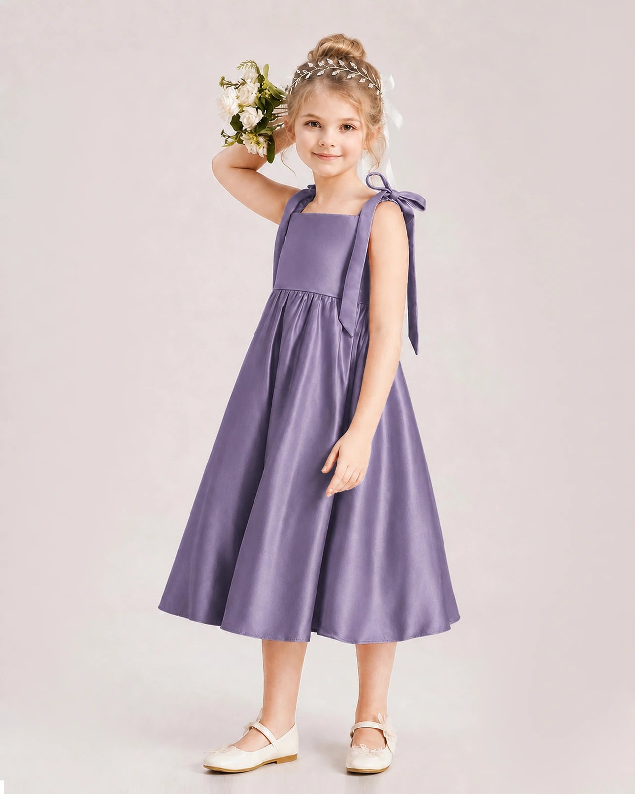 Wisteria Flower Girl Dress Satin Midi Spaghetti Strap Gown Side View