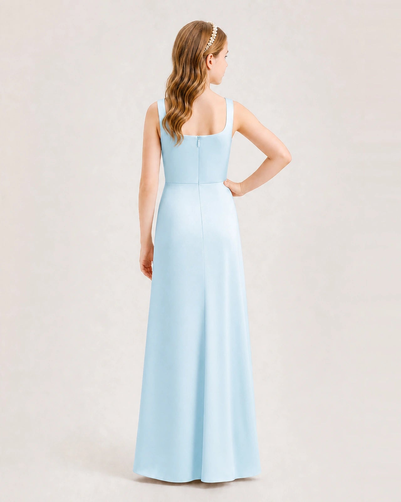 Baby Blue Junior Bridesmaid Dress Square Neck Draped Slit Satin Floor-Length Gown Back View