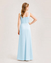 Baby Blue Junior Bridesmaid Dress Square Neck Draped Slit Satin Floor-Length Gown Back View