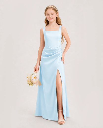 Baby Blue Junior Bridesmaid Dress Square Neck Draped Slit Satin Floor-Length Gown Front View