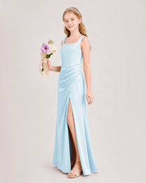 Baby Blue Junior Bridesmaid Dress Square Neck Draped Slit Satin Floor-Length Gown Side View
