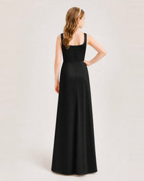 Black Junior Bridesmaid Dress Square Neck Draped Slit Satin Floor-Length Gown Back View