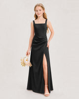 Black Satin A-line Junior Bridesmaid Dress Front View