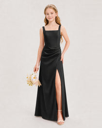 Black Junior Bridesmaid Dress Square Neck Draped Slit Satin Floor-Length Gown Front View