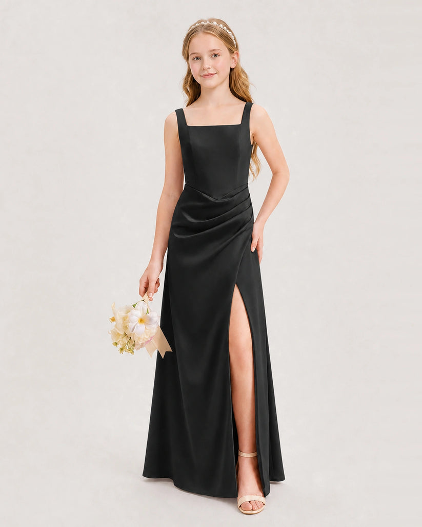 Black Satin A-line Junior Bridesmaid Dress Front View