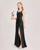 Black Satin A-line Junior Bridesmaid Dress Front View