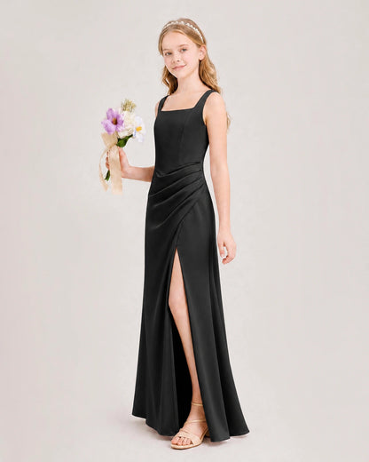 Black Junior Bridesmaid Dress Square Neck Draped Slit Satin Floor-Length Gown Side View
