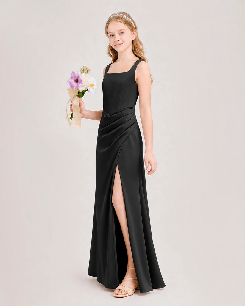 Black Satin A-line Junior Bridesmaid Dress Front View