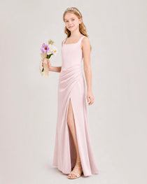 Blush Pink Junior Bridesmaid Dress Square Neck Draped Slit Satin Floor-Length Gown Side View