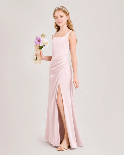 Blush Pink Junior Bridesmaid Dress Square Neck Draped Slit Satin Floor-Length Gown Side View