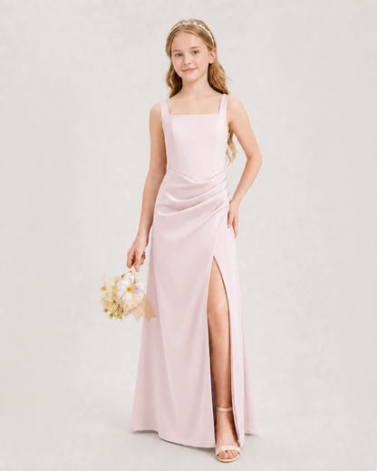 Blush Pink Junior Bridesmaid Dress Square Neck Draped Slit Satin Floor-Length Gown Front View