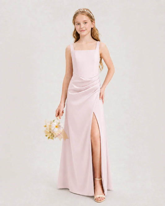 Blush Pink Satin A-line Junior Bridesmaid Dress Front View