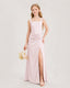 Blush Pink Junior Bridesmaid Dress Square Neck Draped Slit Satin Floor-Length Gown Front View