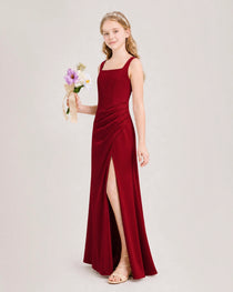 Burgundy Junior Bridesmaid Dress Square Neck Draped Slit Satin Floor-Length Gown Side View