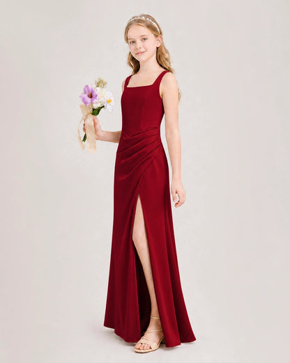 Burgundy Junior Bridesmaid Dress Square Neck Draped Slit Satin Floor-Length Gown Side View