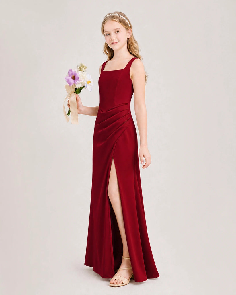 Burgundy Satin A-line Junior Bridesmaid Dress Front View