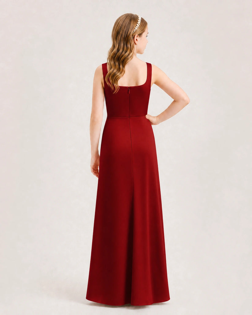 Burgundy Satin A-line Junior Bridesmaid Dress Back View