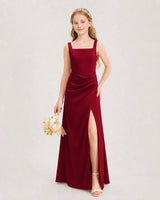 Burgundy Satin A-line Junior Bridesmaid Dress Front View