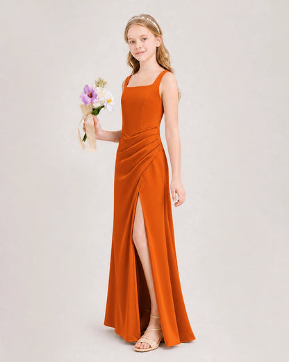 Burnt Orange Junior Bridesmaid Dress Square Neck Draped Slit Satin Floor-Length Gown Side View