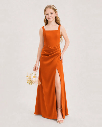 Burnt Orange Junior Bridesmaid Dress Square Neck Draped Slit Satin Floor-Length Gown Front View
