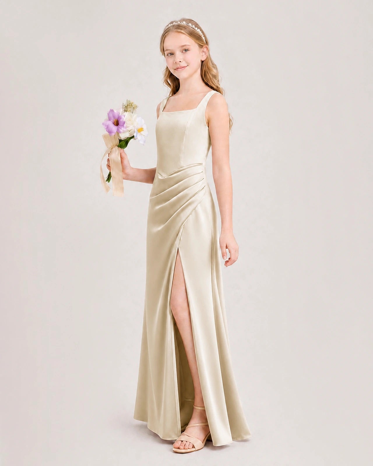 Champagne Junior Bridesmaid Dress Square Neck Draped Slit Satin Floor-Length Gown Side View