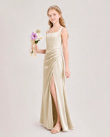 Champagne Satin A-line Junior Bridesmaid Dress Front View