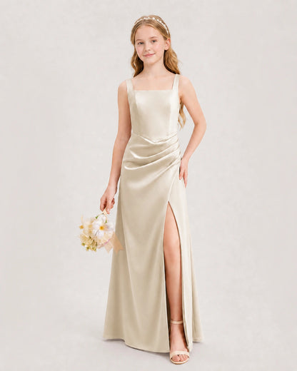 Champagne Junior Bridesmaid Dress Square Neck Draped Slit Satin Floor-Length Gown Front View