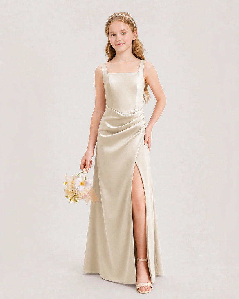 Champagne Satin A-line Junior Bridesmaid Dress Front View