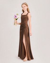 Chocolate Junior Bridesmaid Dress Square Neck Draped Slit Satin Floor-Length Gown Side View
