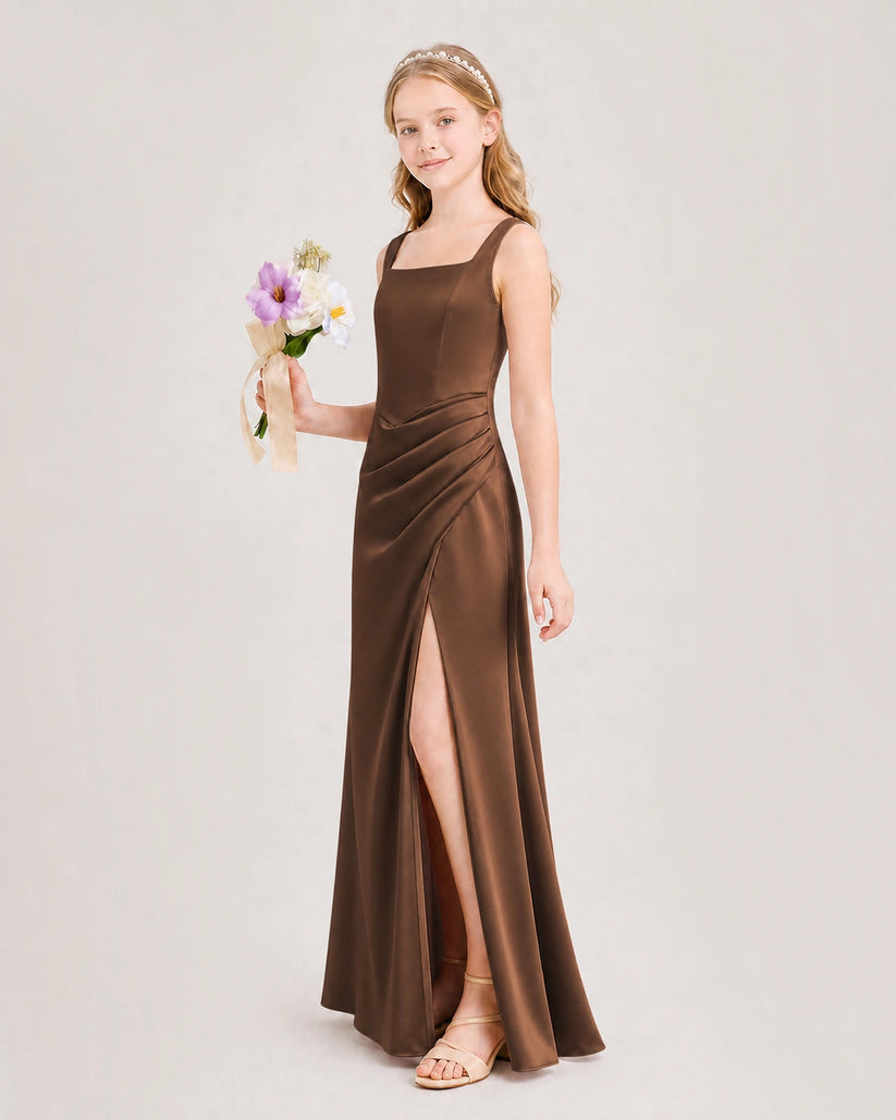Chocolate Satin Sheath Junior Bridesmaid Dress Front View