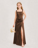 Chocolate Satin A-line Junior Bridesmaid Dress Front View