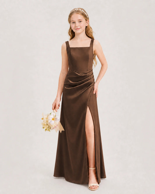 Chocolate Satin A-line Junior Bridesmaid Dress Front View