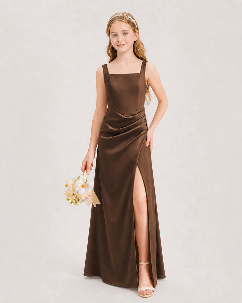 Chocolate Satin A-line Junior Bridesmaid Dress Front View