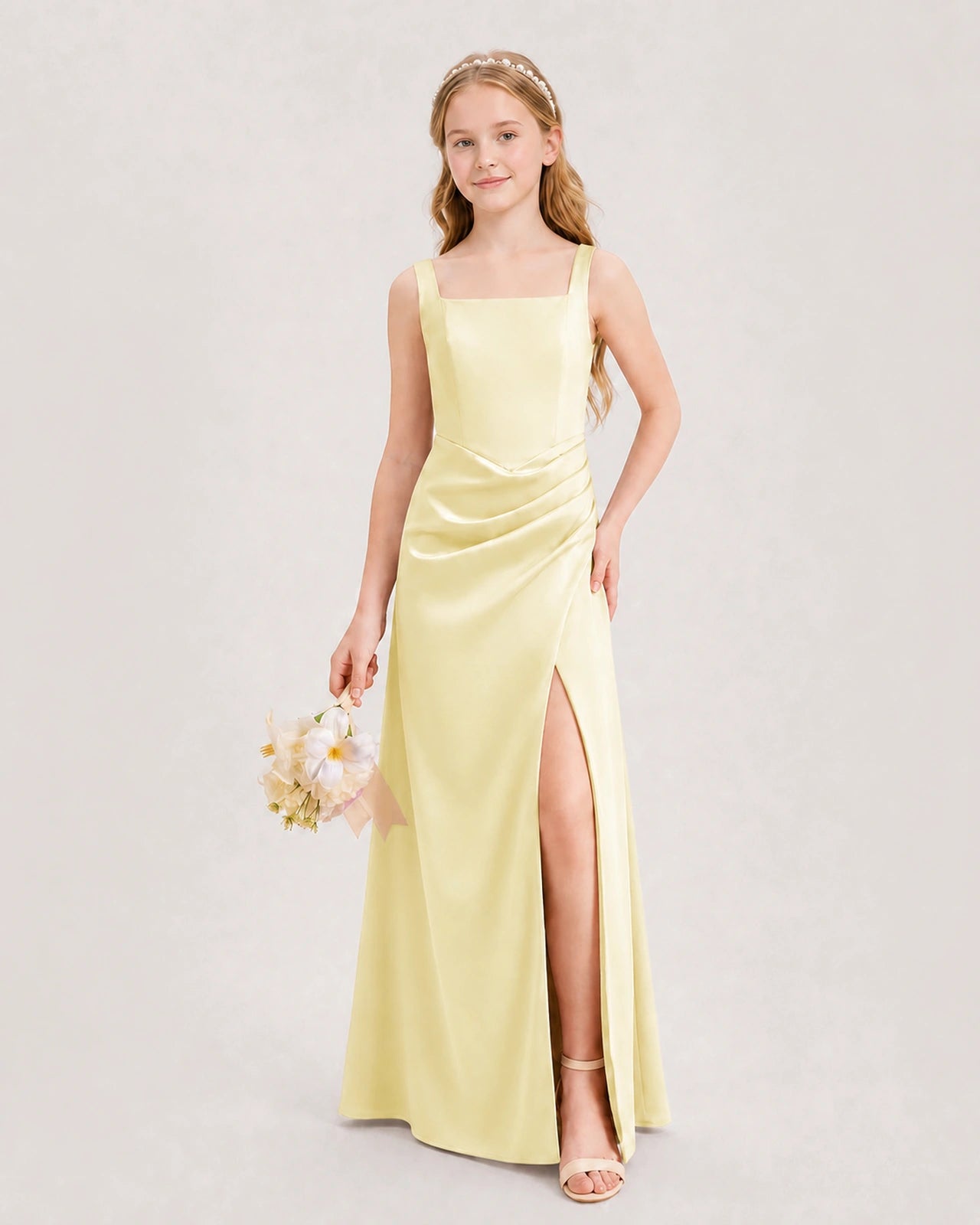 Daffodil Junior Bridesmaid Dress Square Neck Draped Slit Satin Floor-Length Gown Front View