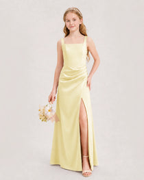 Daffodil Junior Bridesmaid Dress Square Neck Draped Slit Satin Floor-Length Gown Front View