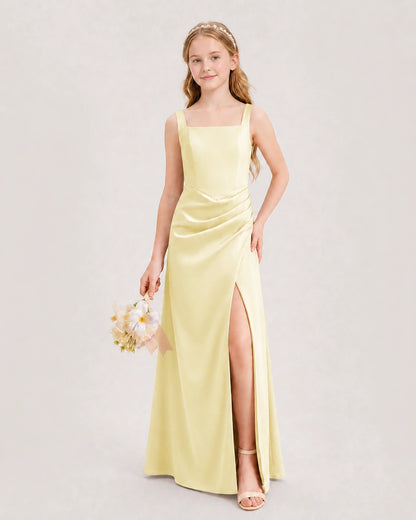 Daffodil Junior Bridesmaid Dress Square Neck Draped Slit Satin Floor-Length Gown Front View