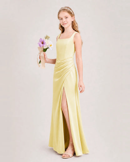 Daffodil Junior Bridesmaid Dress Square Neck Draped Slit Satin Floor-Length Gown Side View