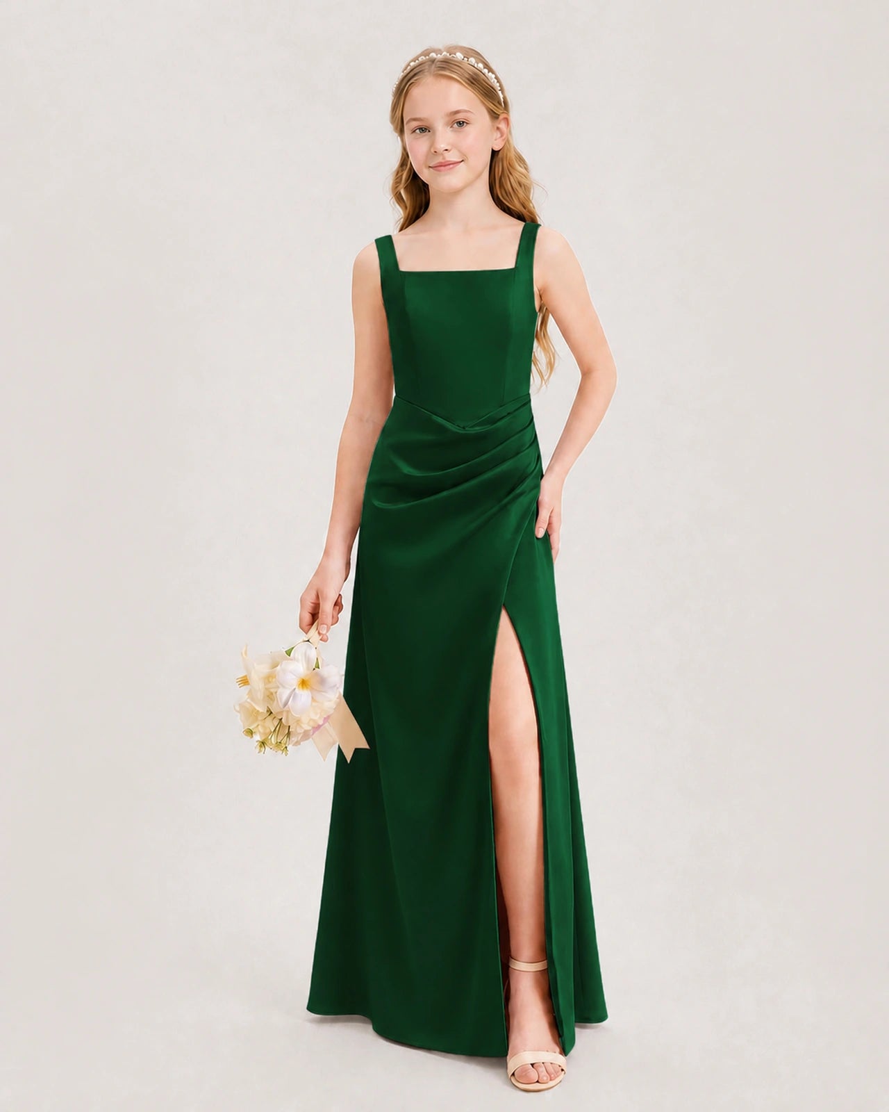 Dark Green Junior Bridesmaid Dress Square Neck Draped Slit Satin Floor-Length Gown Front View