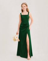 Dark Green Satin A-line Junior Bridesmaid Dress Front View