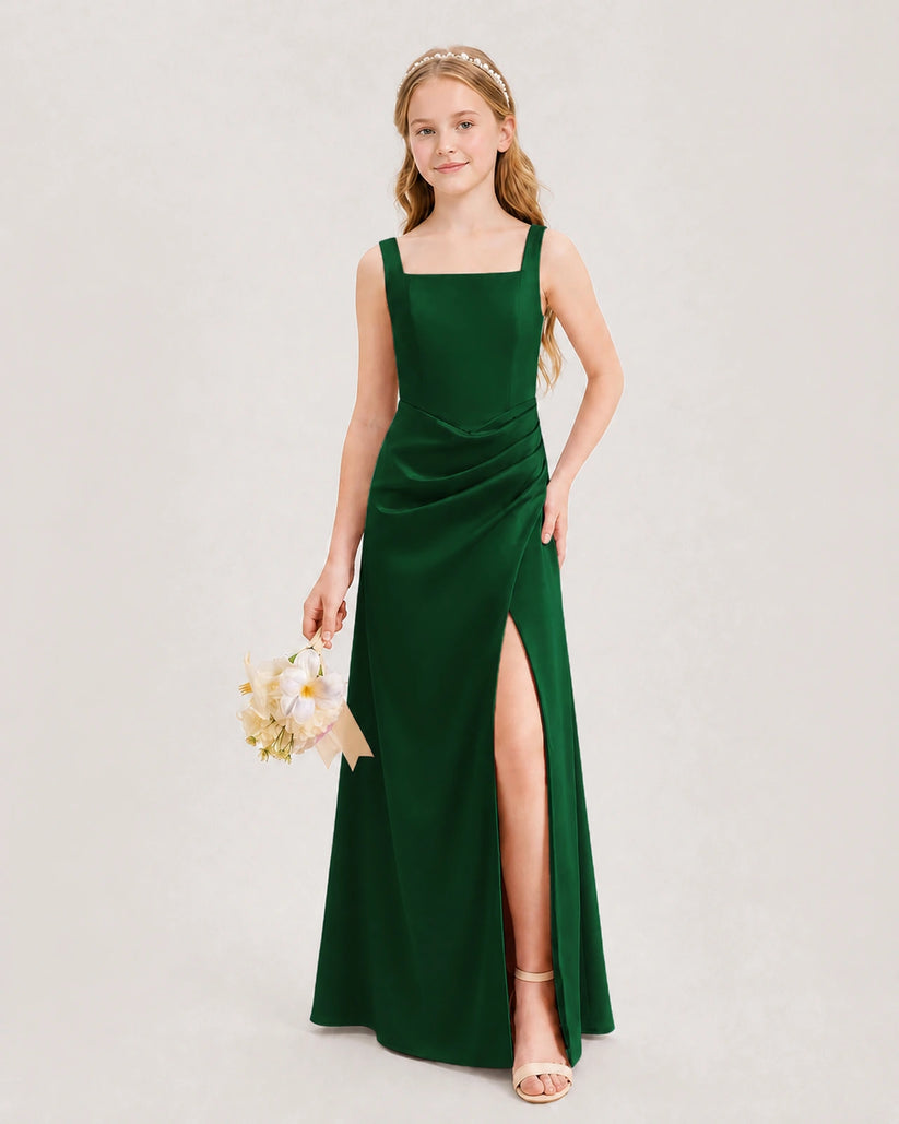 Dark Green Satin A-line Junior Bridesmaid Dress Front View