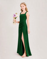 Dark Green Satin A-line Junior Bridesmaid Dress Front View