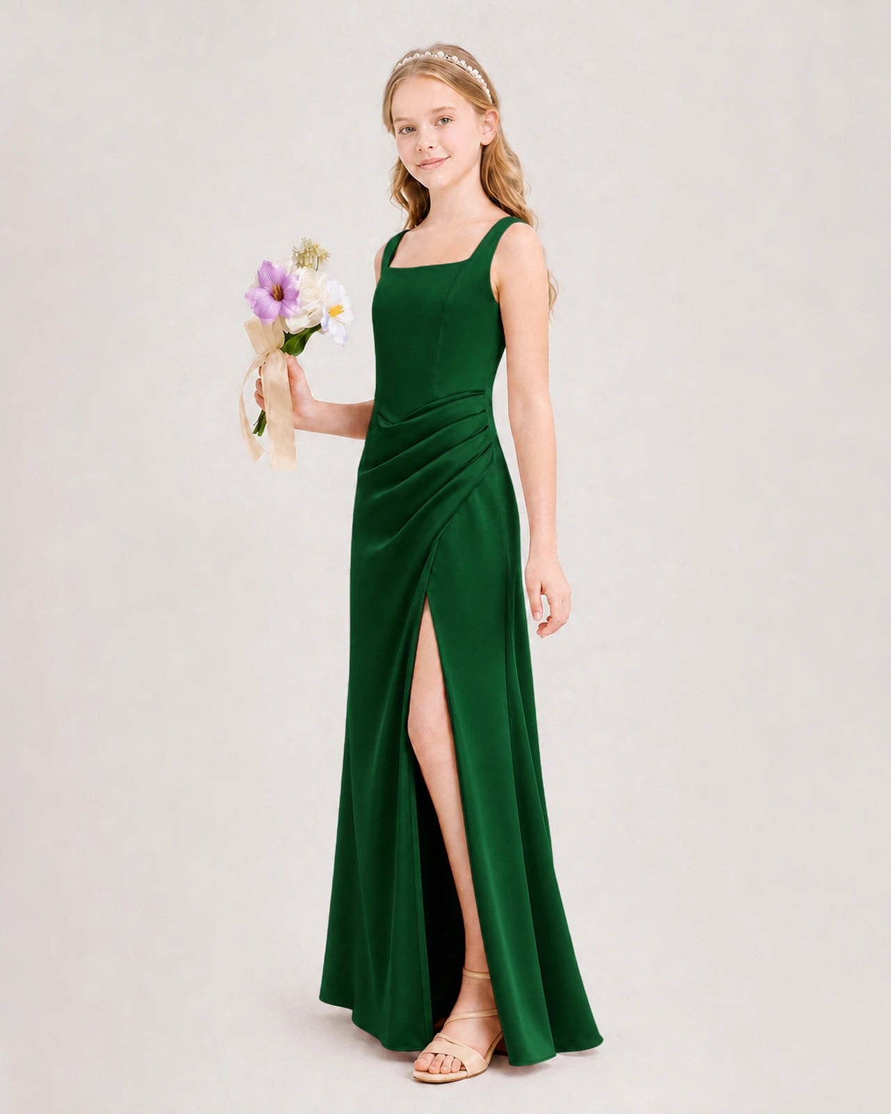 Dark Green Junior Bridesmaid Dress Square Neck Draped Slit Satin Floor-Length Gown Side View