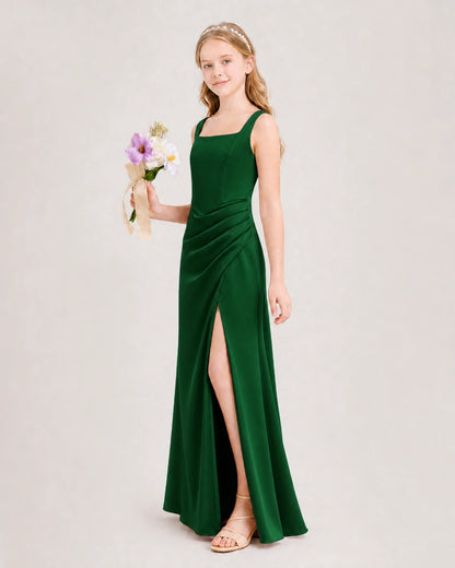 Dark Green Junior Bridesmaid Dress Square Neck Draped Slit Satin Floor-Length Gown Side View
