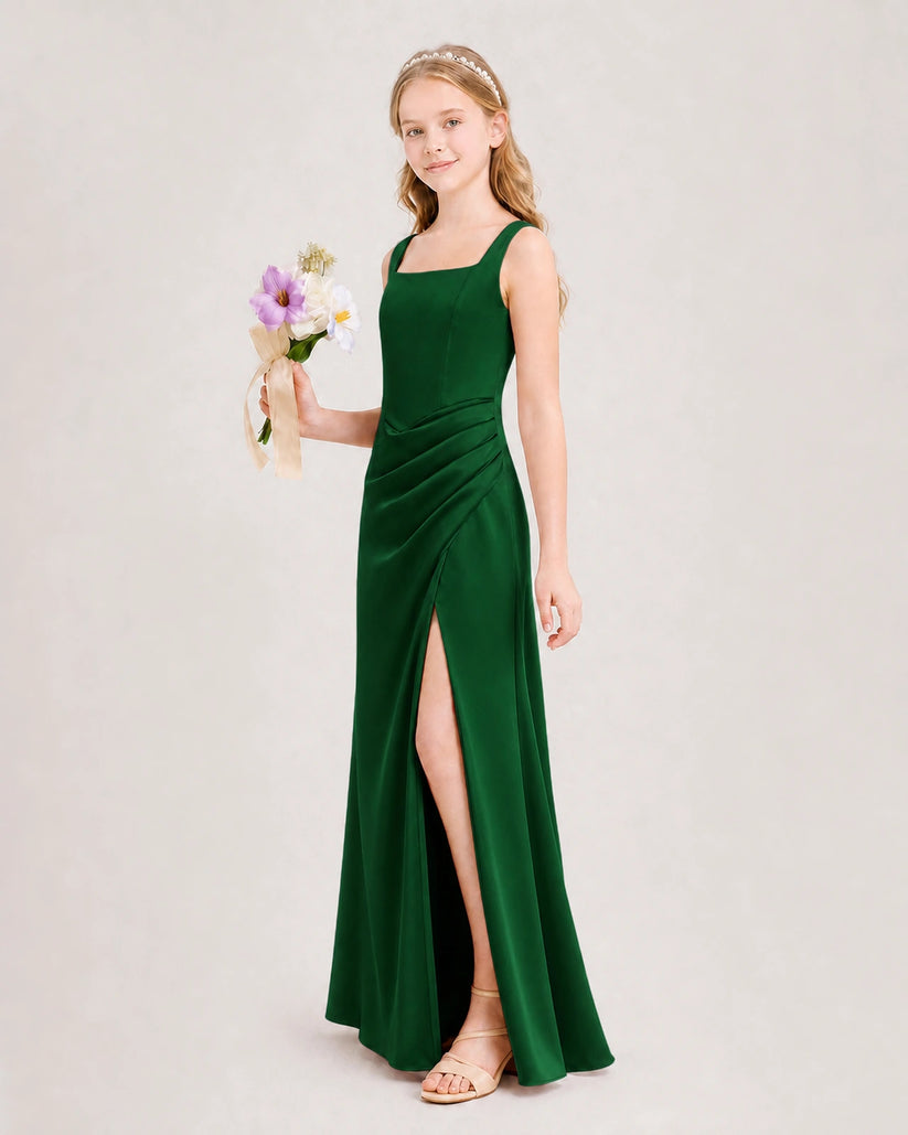 Dark Green Satin A-line Junior Bridesmaid Dress Front View