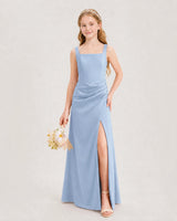 Dusty Blue Satin A-line Junior Bridesmaid Dress Front View