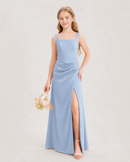 Dusty Blue Junior Bridesmaid Dress Square Neck Draped Slit Satin Floor-Length Gown Front View