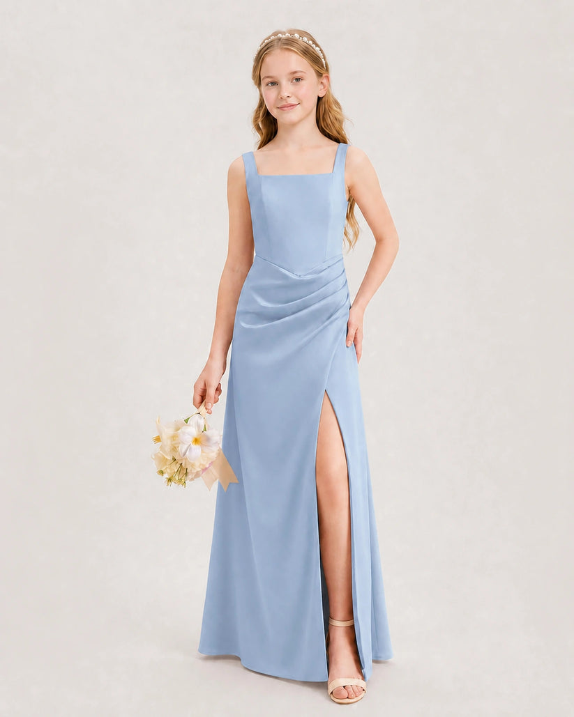 Dusty Blue Satin A-line Junior Bridesmaid Dress Front View